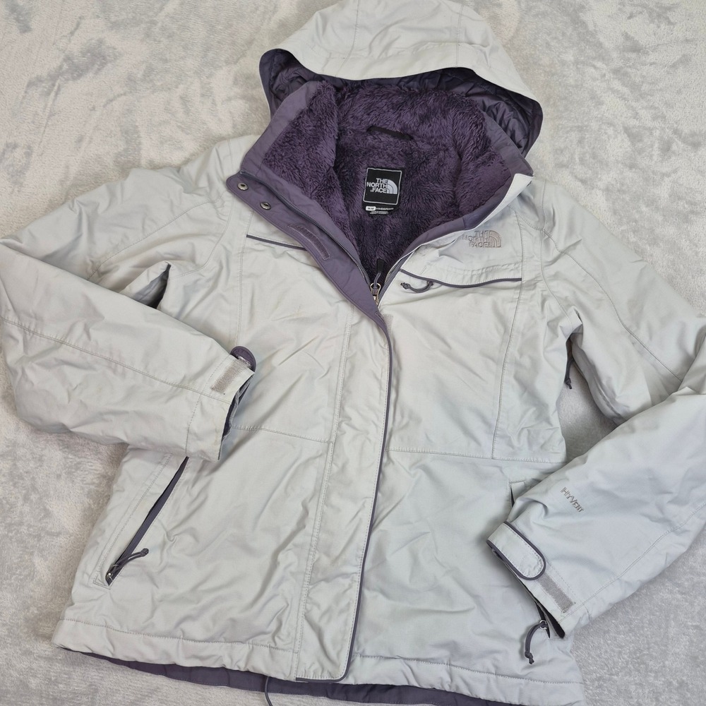 The North Face HyVent Jacket Womens Medium Grey Purple Fleece Lined Hooded Coat